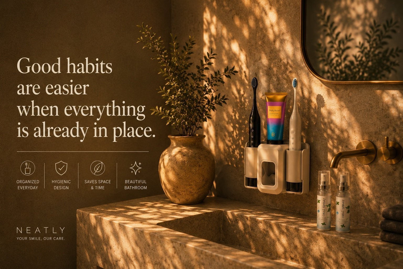 Neatly daily-care products arranged in a warm premium bathroom